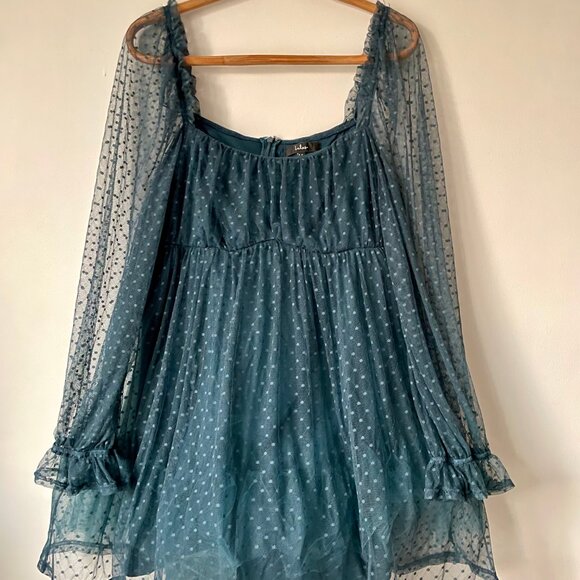 Lulu's Dreamy Sweetness Dark Teal Swiss Dot Ruffled Mini Babydoll Dress $59 - Picture 4 of 10